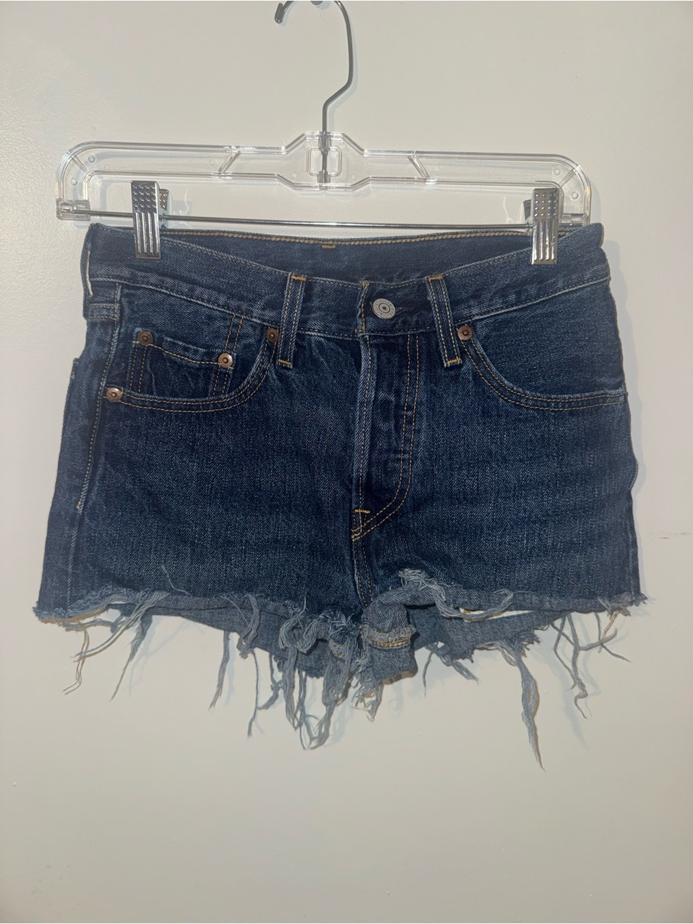 Levi's Dark Blue Frayed Denim Cutoff Shorts